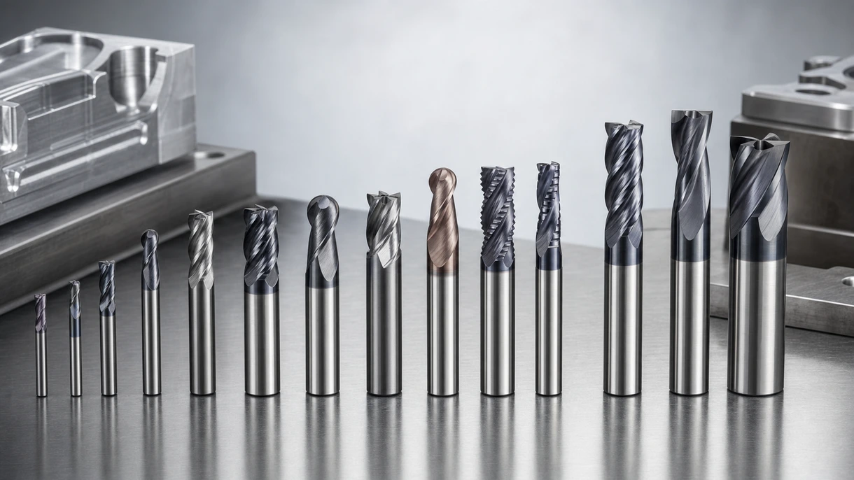 Hochgeschwindigkeits-Spindel einer CNC-Maschine beim Profilfräsen eines Baustahl-Bauteils in einer Fabrik mit einem Vollhartmetall-Schaftfräser.