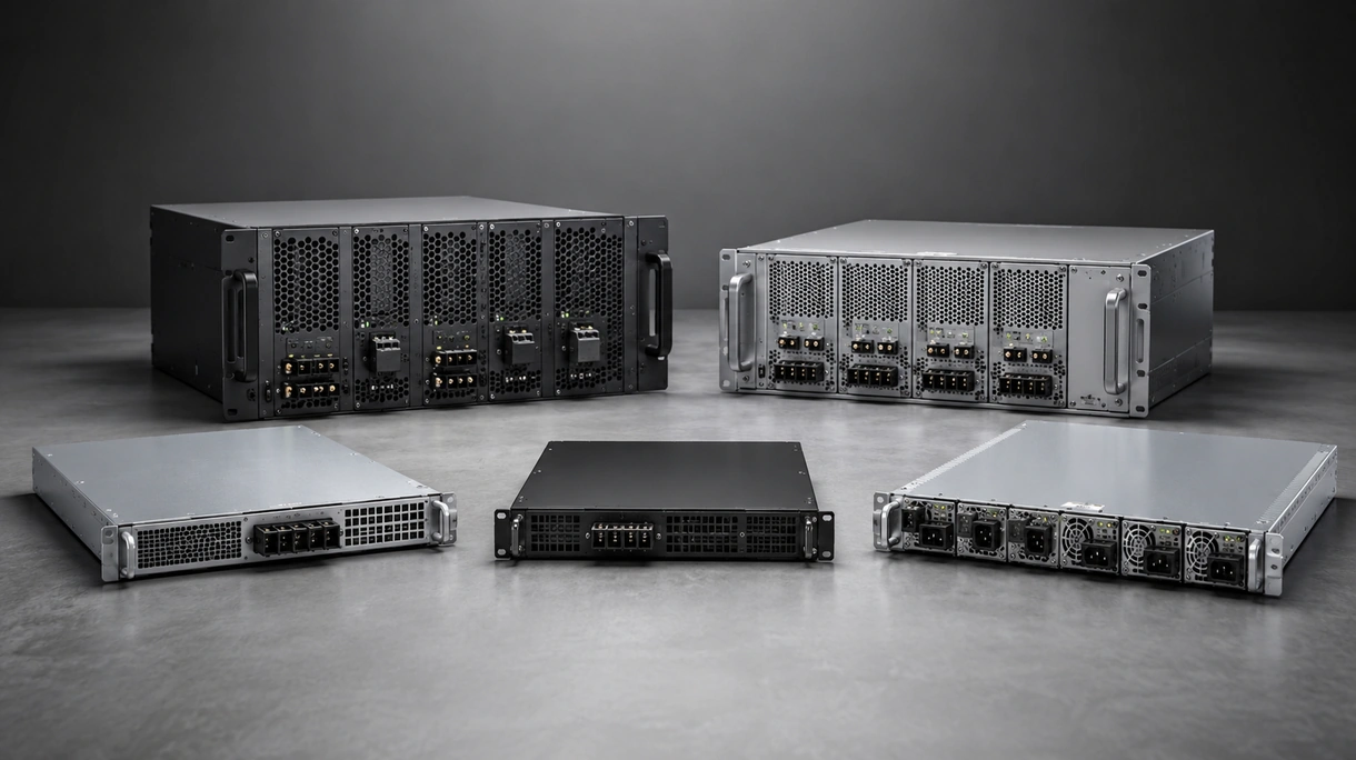 Ein Techniker installiert eine redundante Rack-Stromversorgung in einen modularen Serverschrank innerhalb einer Industrieanlage.