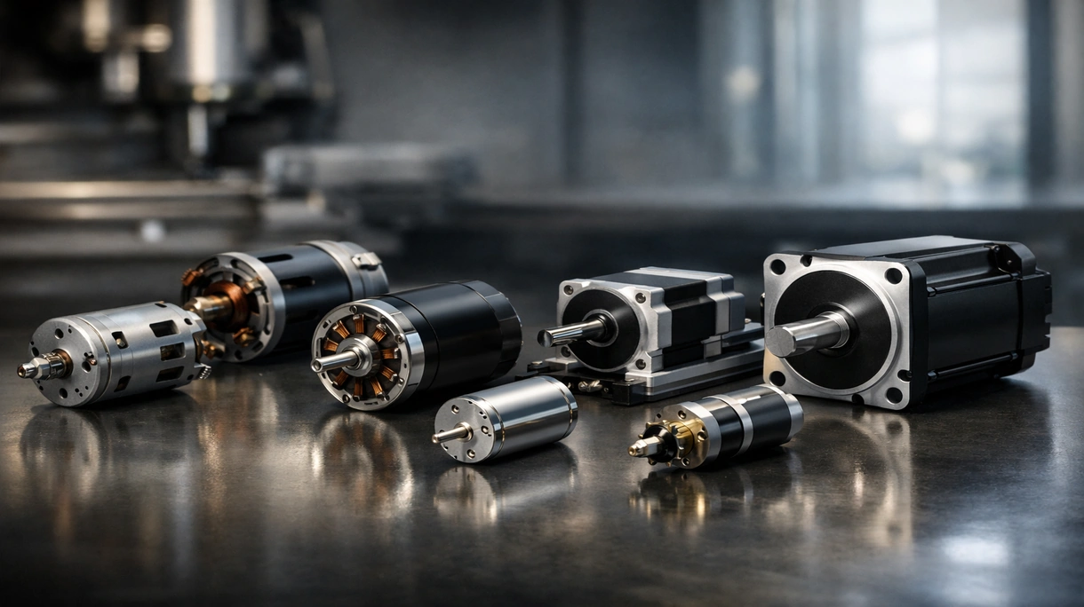 Industrieller DC-Motor, integriert in ein Fördersystem einer Montagelinie, mit sichtbarer Verkabelung und robuster Halterung.