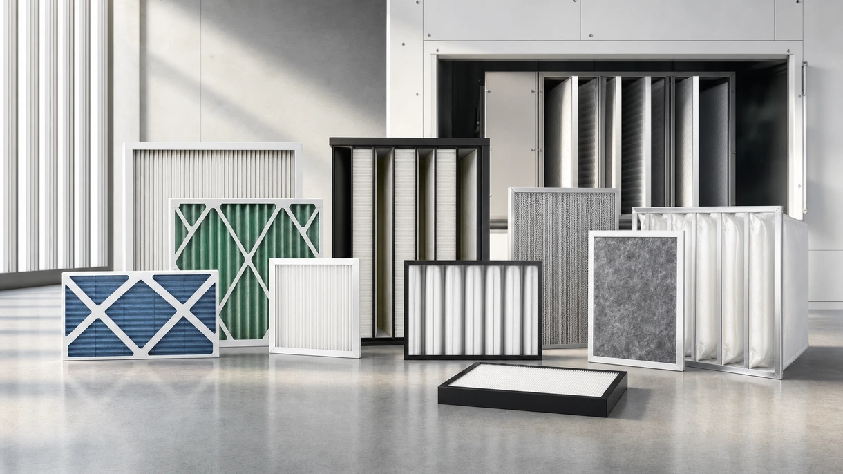 Techniker bei der Installation eines plissierten synthetischen Paneelfilters in ein großes industrielles Lüftungszentralgerät während der Anlagenwartung.