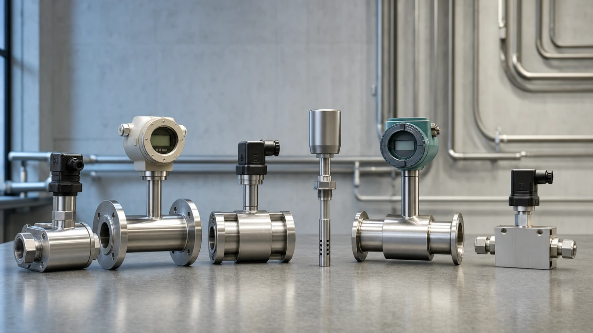 Industrieller Coriolis-Massendurchflussmesser, installiert an einer Edelstahl-Rohrleitung in der Produktionsumgebung einer chemischen Verarbeitungsanlage.