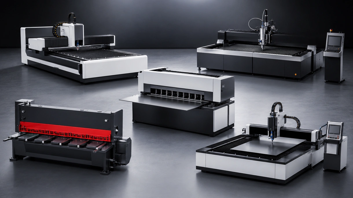 Industrielle Faserlaserschneidemaschine bei der Bearbeitung eines großen Edelstahlblechs in einer High-Tech-Fertigungsanlage.