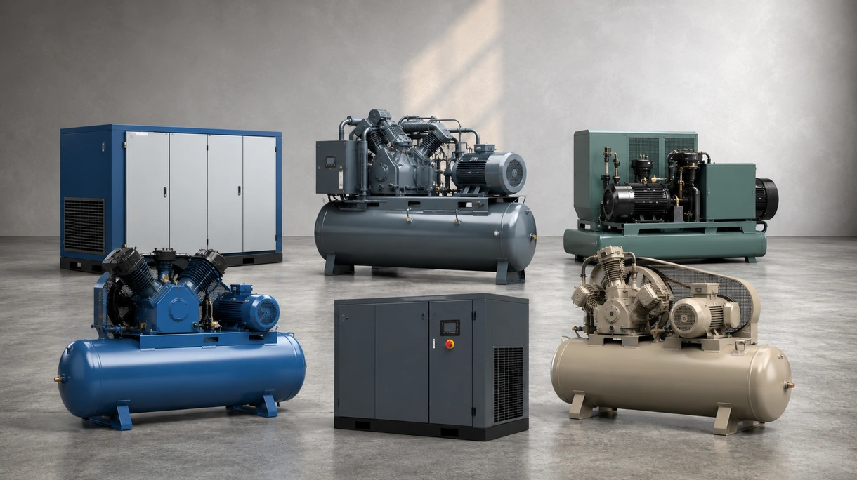 Industrieller Schraubenkompressor, installiert in einer sauberen Fertigungsanlage zur Versorgung automatisierter Produktionslinien und pneumatischer Werkzeuge.