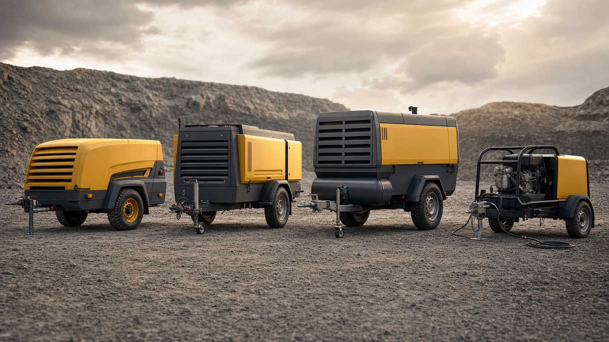 Industrieller Diesel-mobiler Kompressor beim Betrieb von Drucklufthämmern auf einer Schwerlastbaustelle, während ein Techniker das Bedienfeld überwacht.