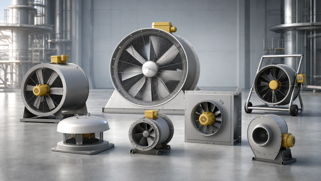 Industrieller explosionsgeschützter Axialventilator, installiert in einer chemischen Verarbeitungsanlage zur Absaugung gefährlicher Dämpfe und zur Gewährleistung der Arbeitssicherheit.
