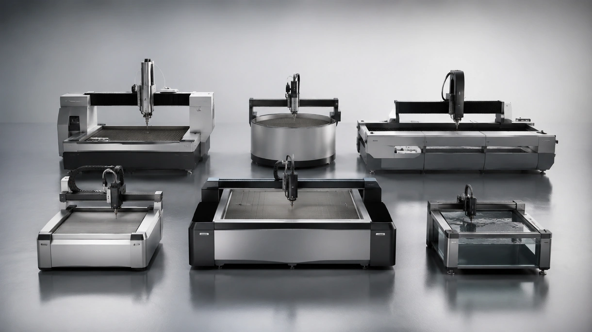 CNC-Wasserstrahlschneidmaschine beim Schneiden einer dicken industriellen Edelstahlplatte in einer Fertigungsanlage für Schwermaschinenbau.