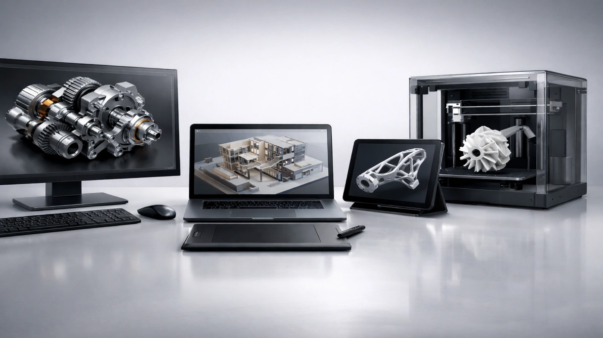 Industrieingenieur bei der Konstruktion einer robotergestützten Montagelinie mit CAD-Software in einer professionellen Fertigungsumgebung.