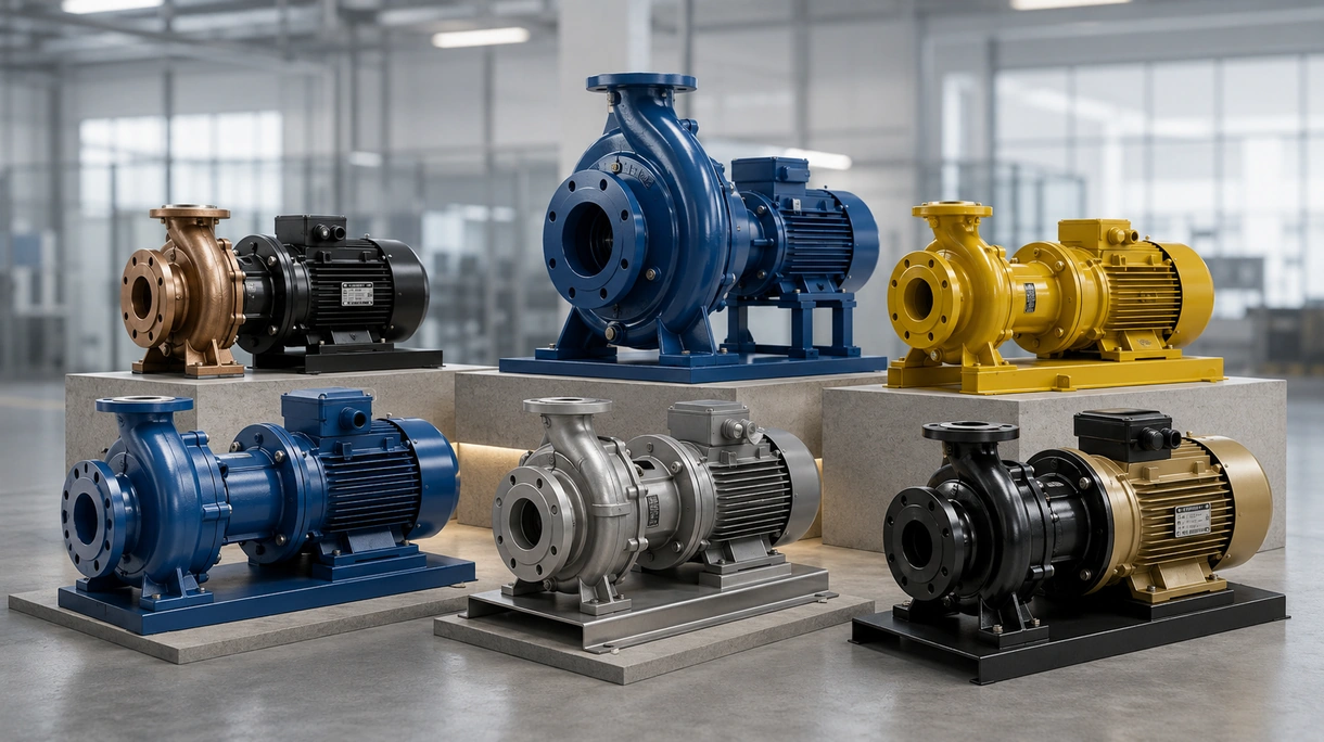 Industrielle Kreiselpumpen-Baugruppe in einer kommunalen Wasseraufbereitungsanlage mit robusten Stahlrohrleitungen und Motorantrieb.
