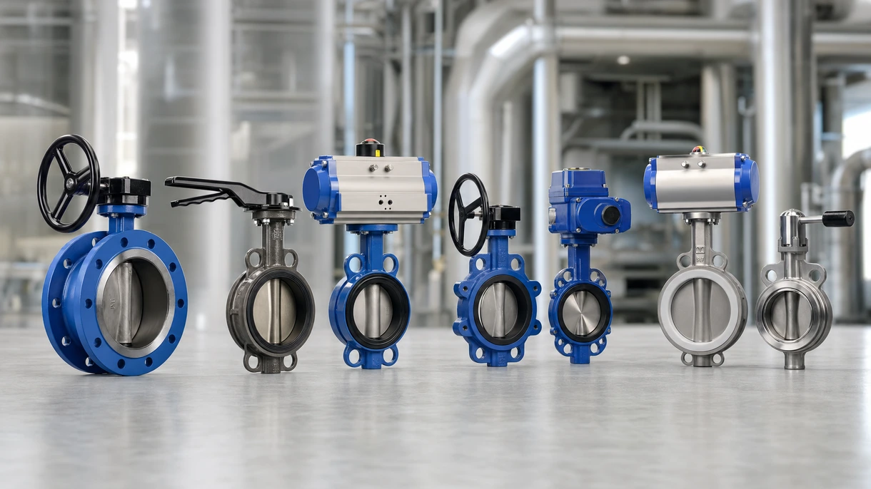 Automatisierte Absperrklappe, installiert in einem industriellen Rohrleitungssystem aus Edelstahl für die chemische Verarbeitung und Durchflusssteuerung.