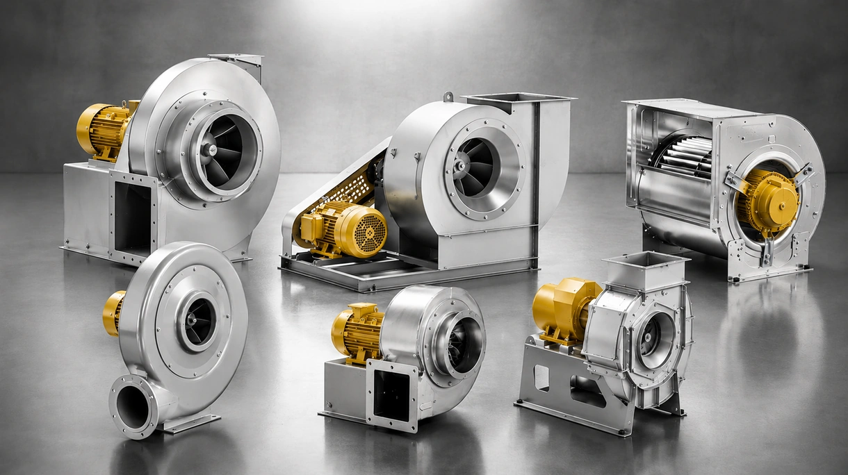 Robuster industrieller Zentrifugal-Ventilator, installiert in einem Belüftungssystem einer Fertigungsanlage für Hochdruck-Abluft.