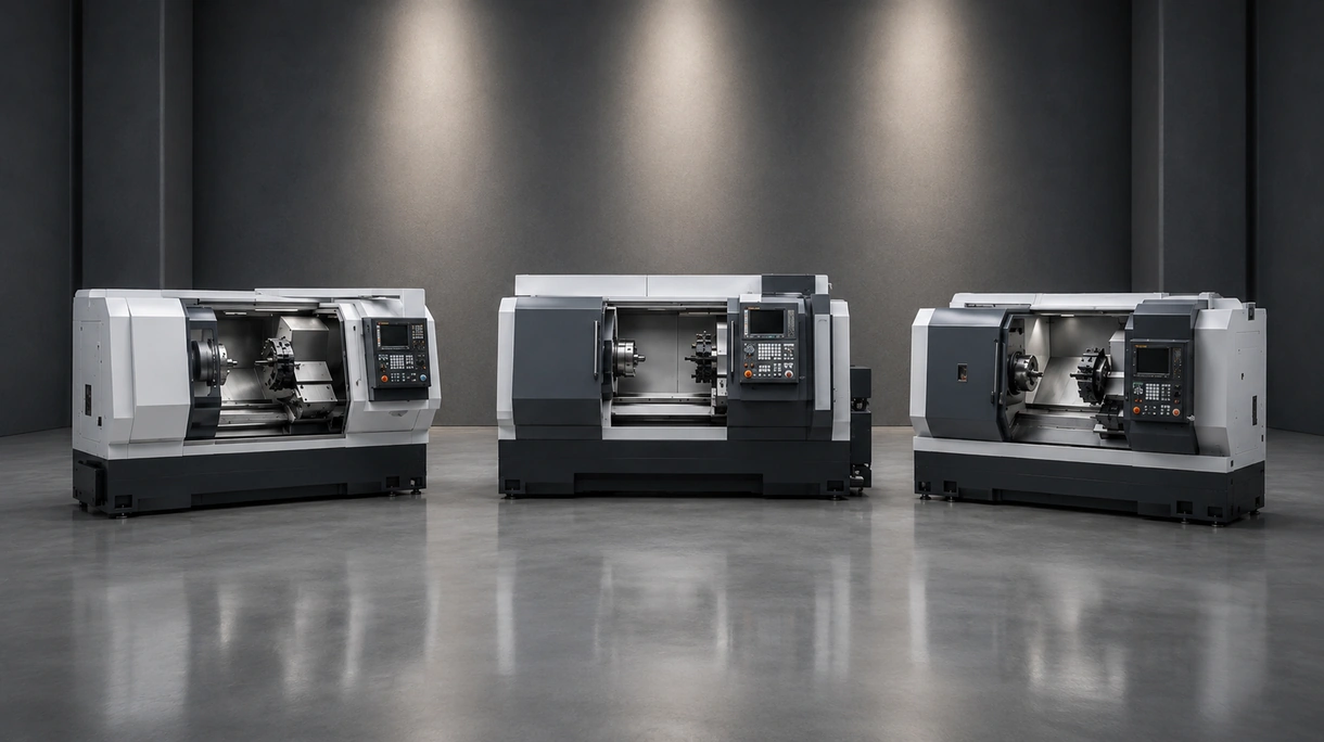 Professionelle CNC-Drehmaschine im Werkseinsatz mit einem Bediener, der die digitale Steuerungsschnittstelle überwacht.