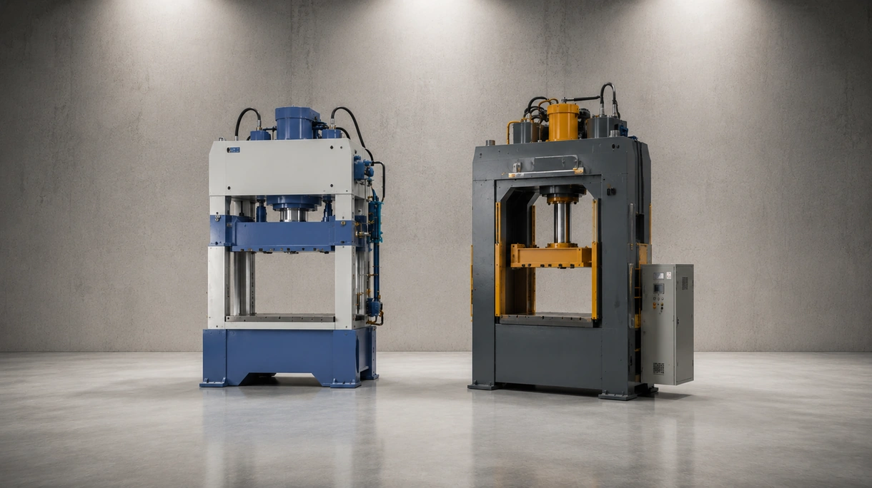 Schwerlast-hydraulische Presse, integriert in eine professionelle Metallstanz-Produktionslinie mit robotischen Teilehandhabungssystemen.