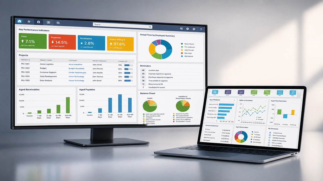 Ein Fertigungsleiter nutzt ein Tablet, um Echtzeit-Produktionskennzahlen über ein industrielles ERP-Dashboard zu überwachen.