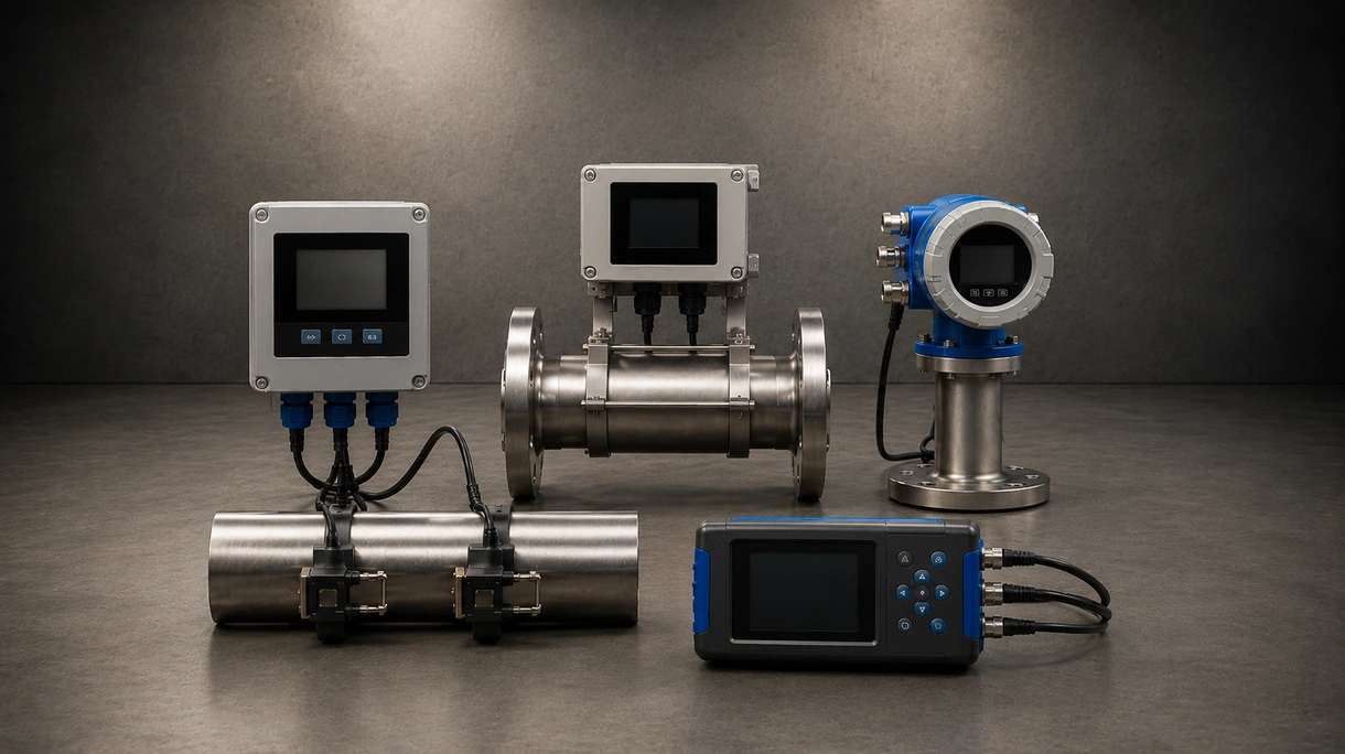 Industrietechniker bei der Installation eines Clamp-on-Ultraschall-Durchflussmessers an einem Stahlrohr mit großem Durchmesser in einer Wasseraufbereitungsanlage.
