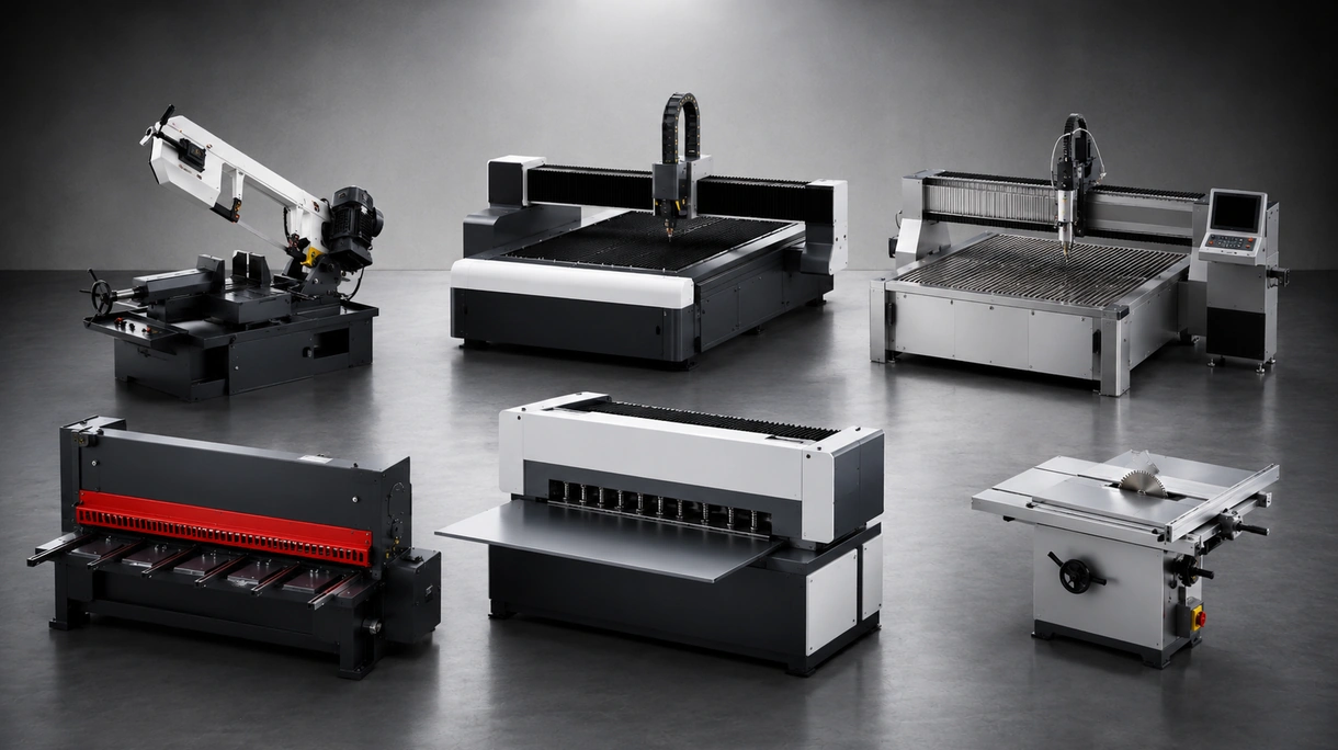 Industrielle CNC-Laser-Schneidemaschine bei der Bearbeitung einer schweren Stahlplatte in einer metallverarbeitenden Werkstatt mit hohem Produktionsvolumen.