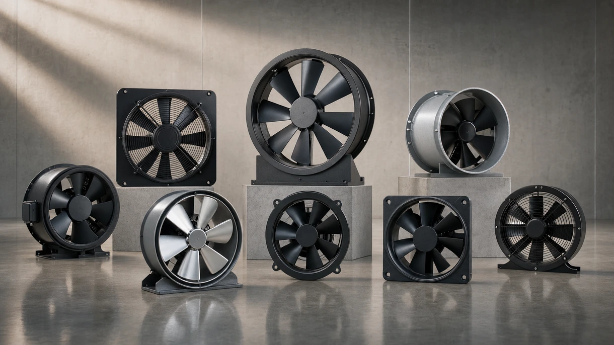 Installierter Industrie-Axialventilator in einem Belüftungssystem einer Fertigungsanlage zur Temperaturregelung und Luftqualitätssteuerung.