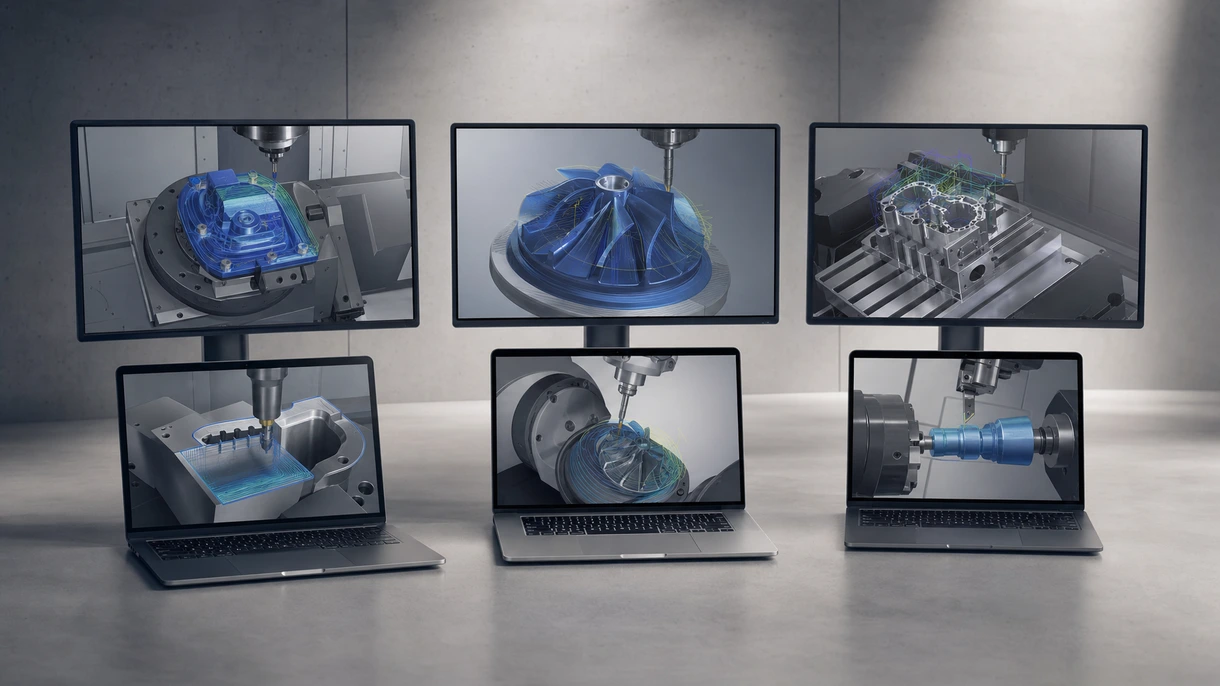 Ein professioneller Ingenieur programmiert komplexe Fünf-Achs-CNC-Werkzeugwege mittels CAM-Software an einem hochauflösenden industriellen Workstation-Display.