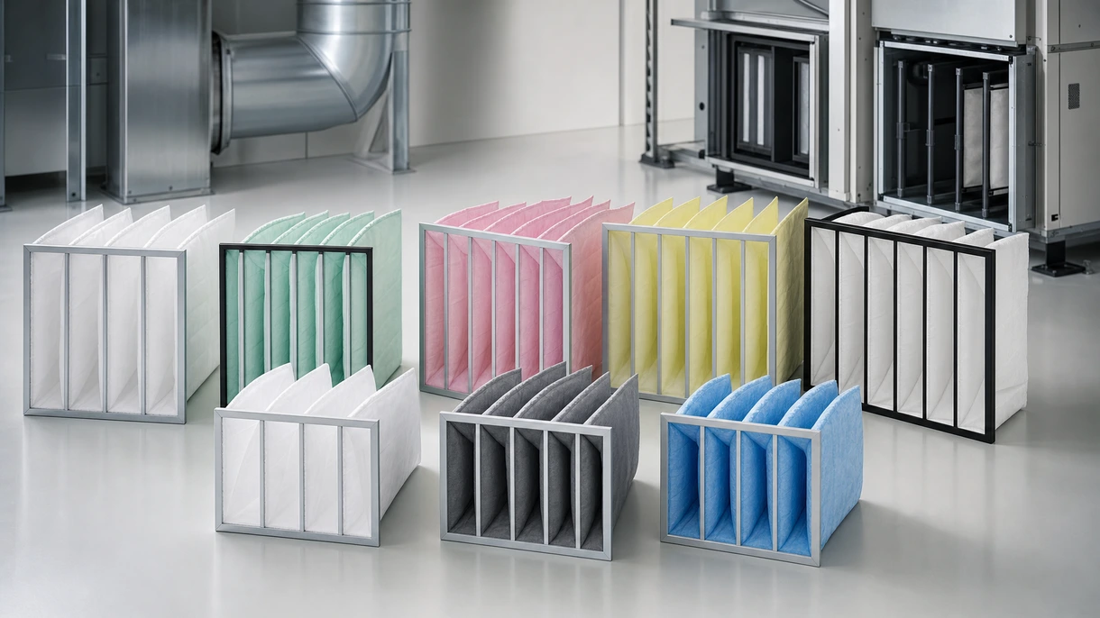 In einem industriellen Lüftungsgerät aus Edelstahl installierter synthetischer Taschenfilter während einer routinemäßigen Wartung.
