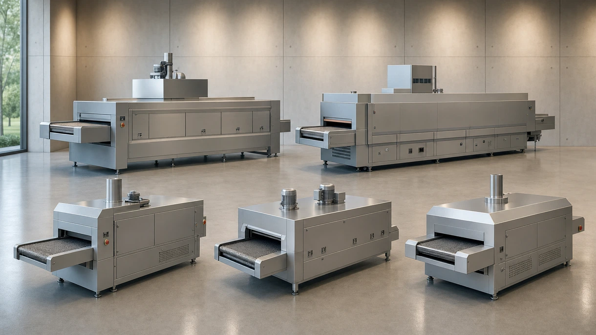 Industrieller Tunnelofen, integriert in eine automatisierte Produktionslinie für das Aushärten von Elektronikkomponenten in hohen Stückzahlen.