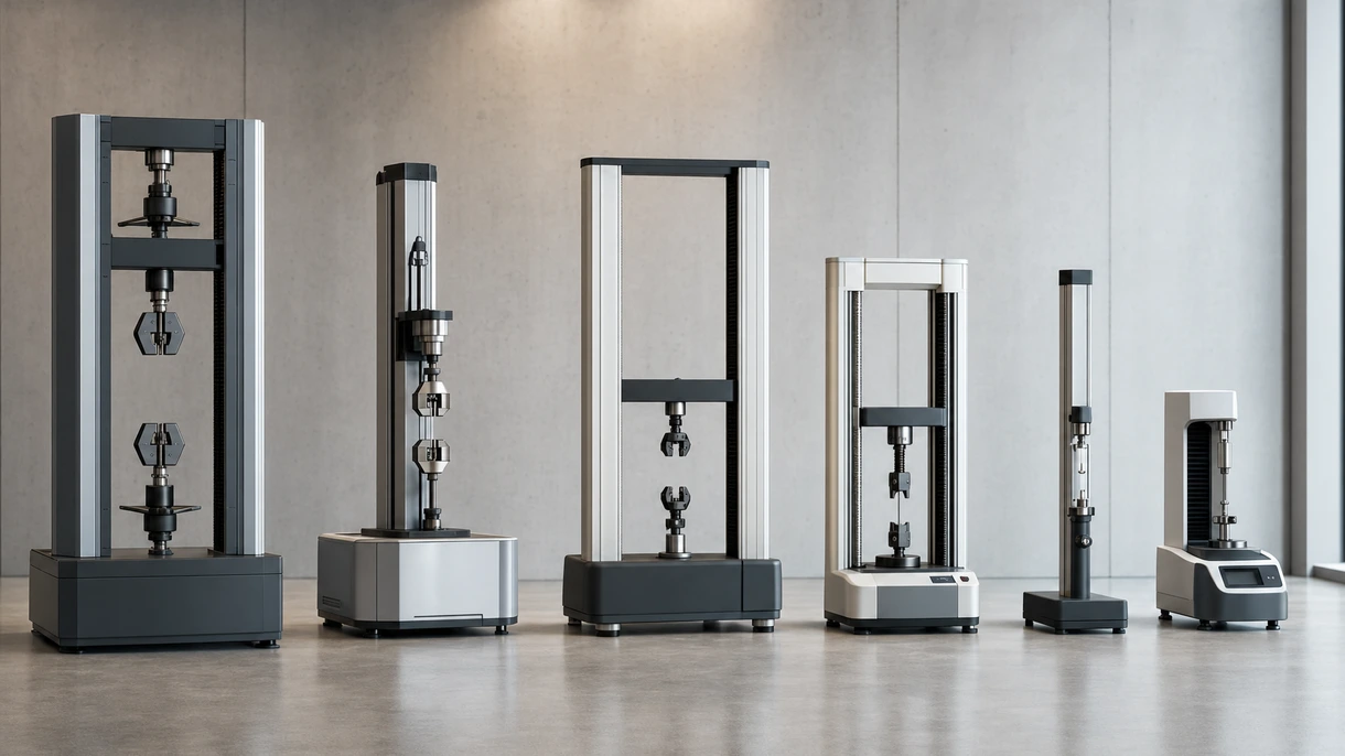 Industrietechniker bei der Durchführung einer Zugfestigkeitsprüfung an einer Metallprobe mit einer Doppelsäulen-Universal-Prüfmaschine.
