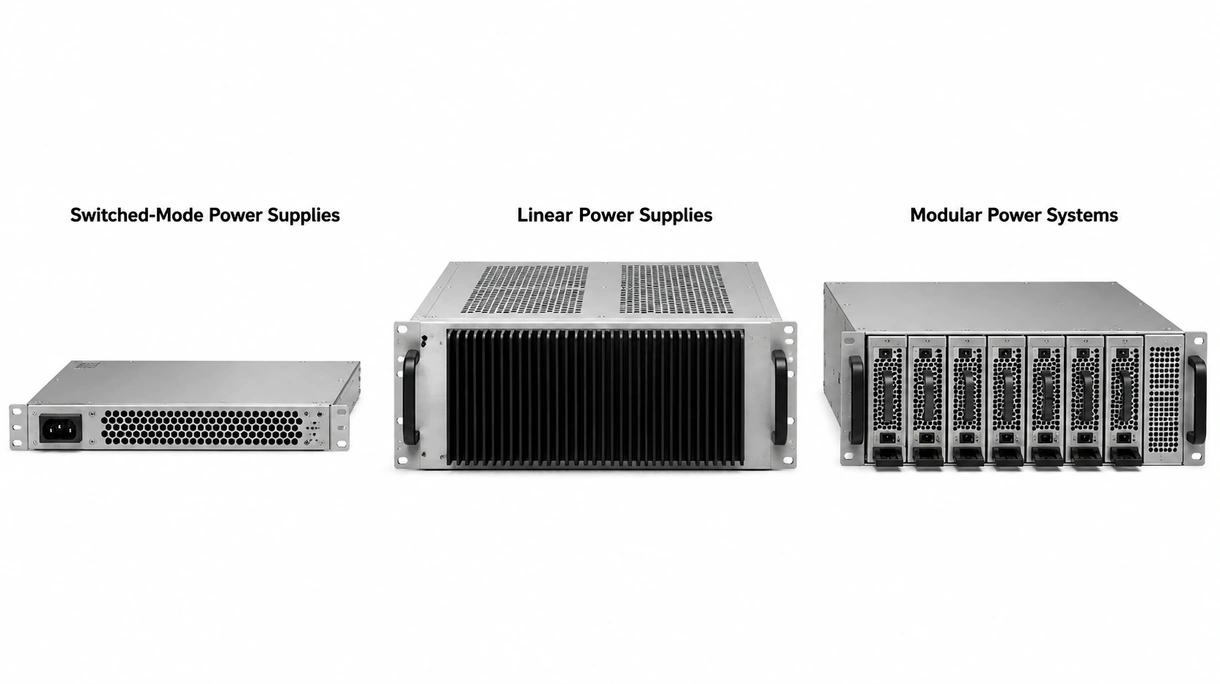 Nahaufnahme der internen Leiterplatte und des Lüfters einer modularen industriellen Rack-Stromversorgungseinheit.