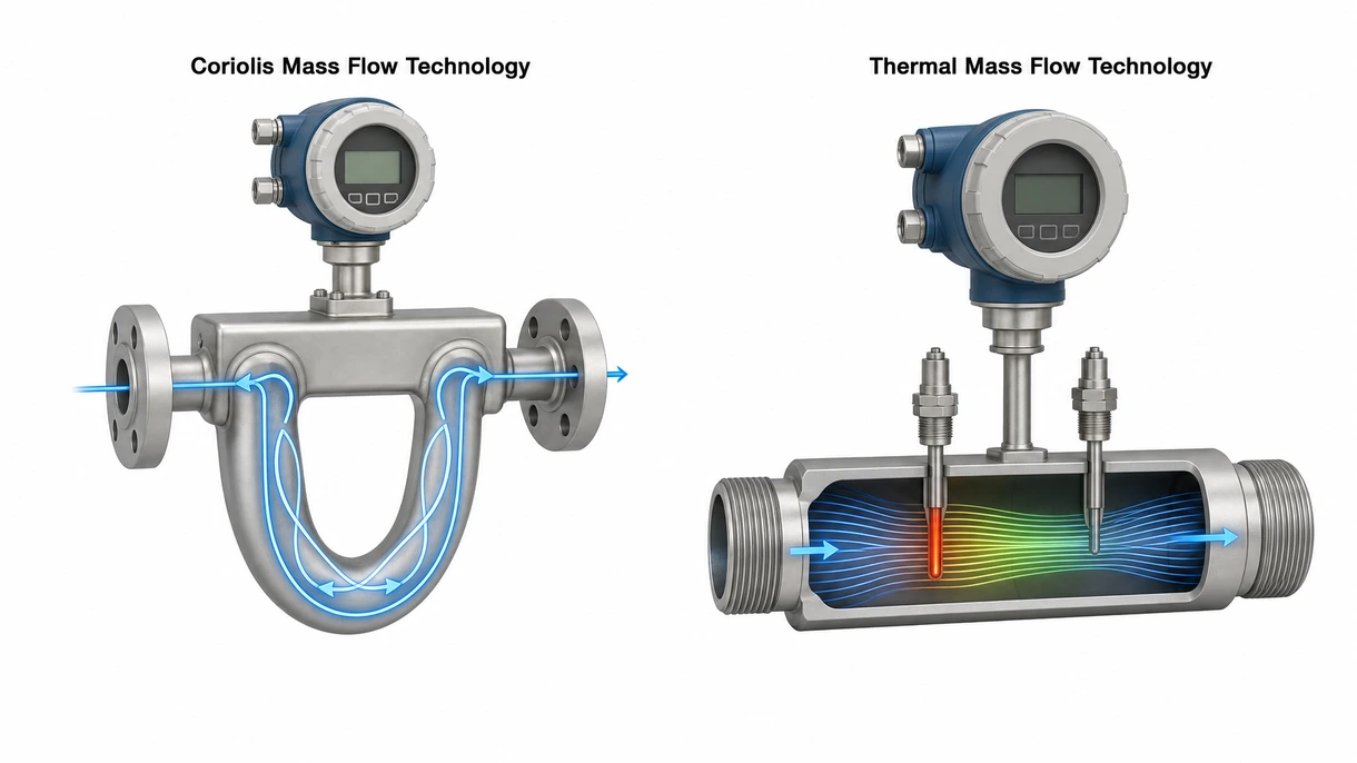 Technische Nahaufnahme eines Sensorkopfes eines thermischen Massendurchflussmessers mit Präzisionssonde und robustem Messumformergehäuse.