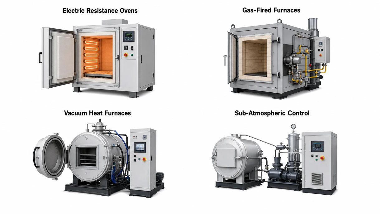 Nahaufnahme eines Heizelements und eines Thermoelement-Sensors im Inneren eines industriellen Hochtemperatur-Vakuumofens.