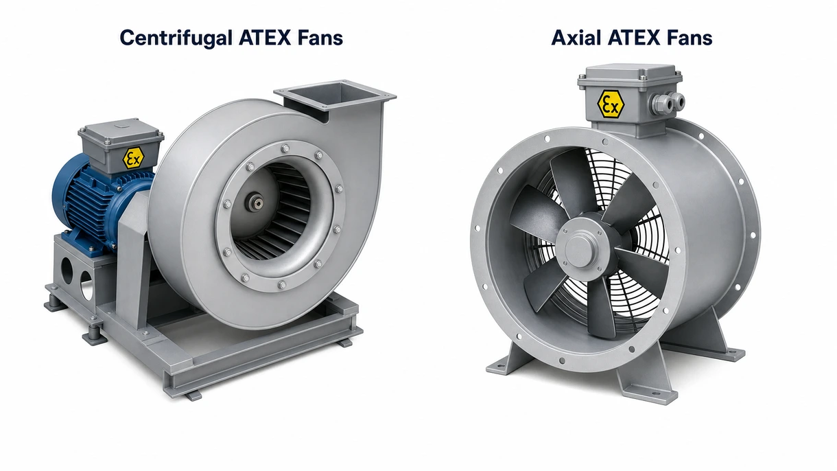 Technisches Detail eines funkensicheren Aluminium-Laufrads und eines explosionsgeschützten Motorgehäuses an einem Hochdruck-ATEX-Radialventilator.
