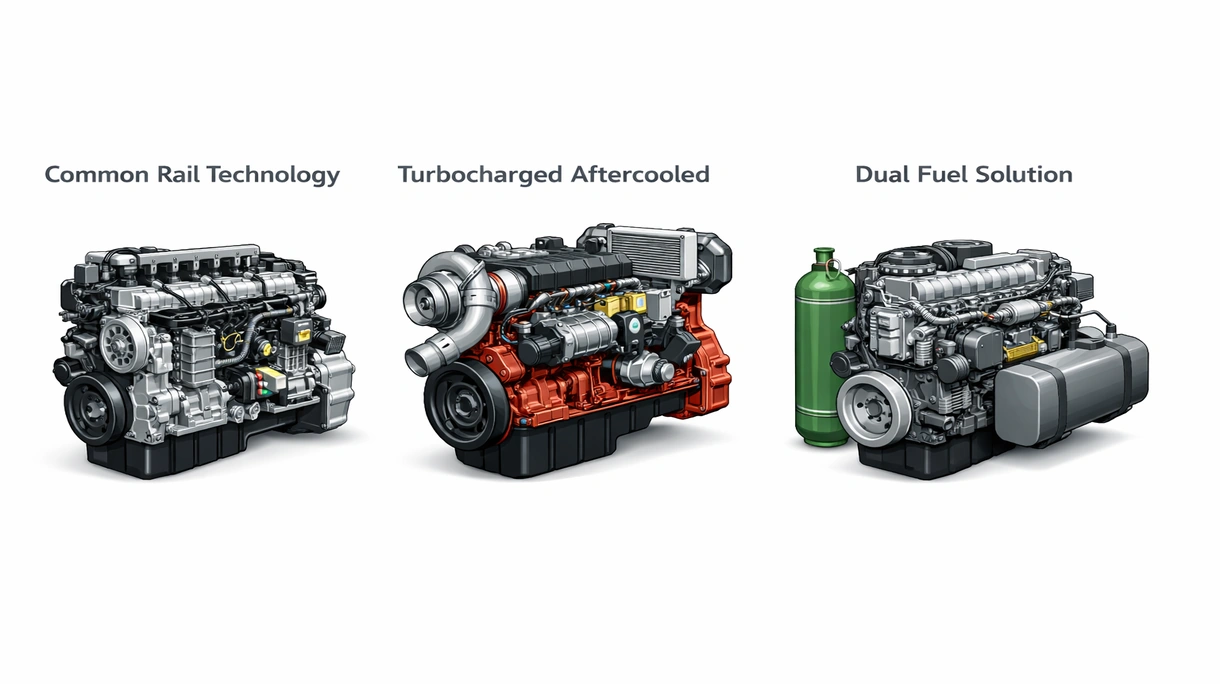 Detaillierte Nahaufnahme eines Hochdruck-Common-Rail-Einspritzsystems an einem modernen turbogeladenen Industrie-Dieselmotorblock.