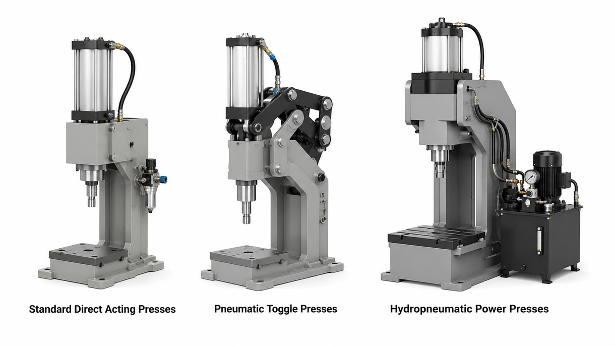 Technisches Detail des Zylinderkopfs einer pneumatischen Presse mit Hubverstellmechanismus und digitalem Drucksensor.