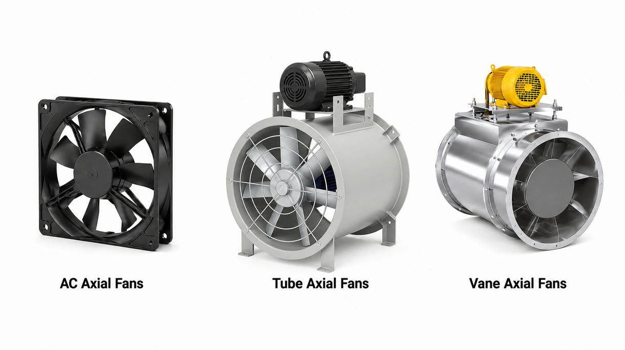 Nahaufnahme aerodynamischer Industrie-Ventilatorflügel und des Schutzgehäuses, die Präzisionstechnik und robuste Materialkonstruktion verdeutlichen.
