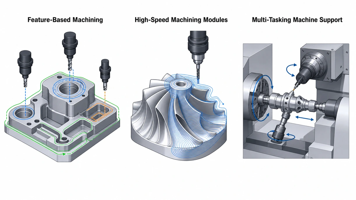 Detaillierte technische Visualisierung eines simulierten Fräswerkzeugs, das einem High-Speed-Bearbeitungsweg auf einer komplexen Turbinenschaufel folgt.