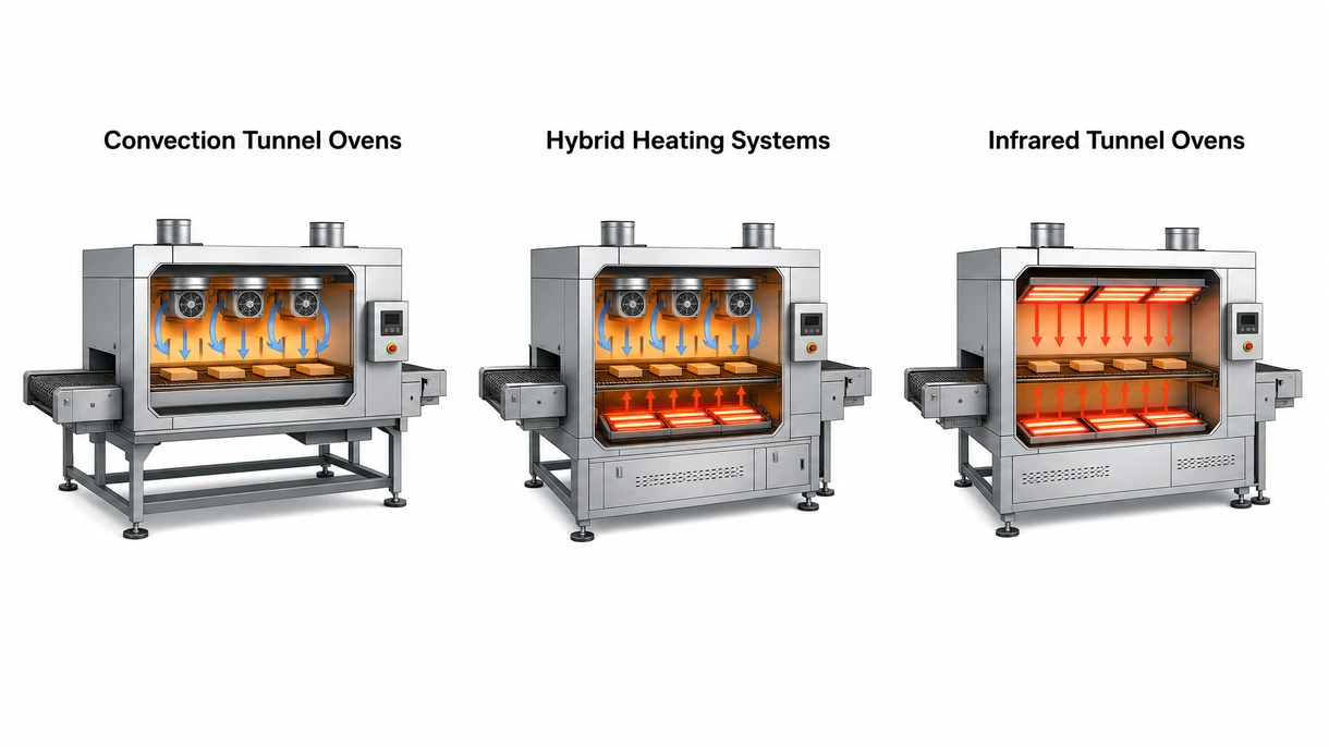 Detailansicht der Infrarot-Heizelemente und des einstellbaren Förderbandsystems im Inneren eines industriellen Hochtemperatur-Tunnelofens.