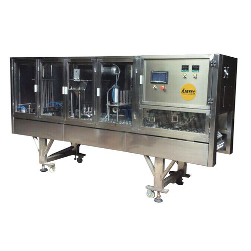Automatische Abfüllmaschine mit Traysealer - 14-20 p/min, 2 lane - AMTEC Packaging Machines - Becher / Pulver