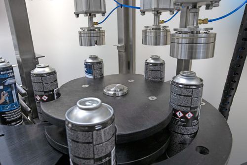 Crimpmaschine für Dosen - R and R Aerosol Systems - automatisch / elektrohydraulisch / PLC-gesteuert