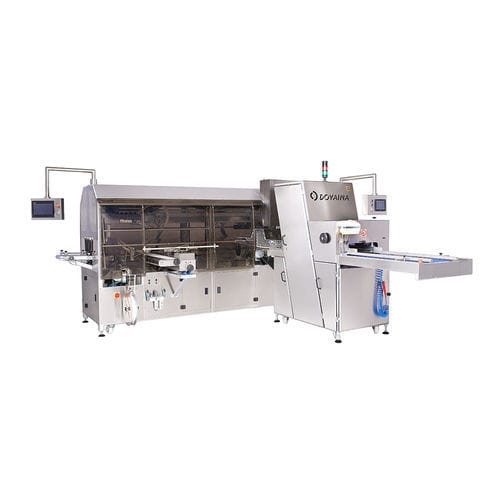 Vollautomatische Brotschneidemaschine für die Industrie - DPPL series  - DOVAINA UAB - mit durchlaufendem Bandmesser / horizontal / mit Bandförderer