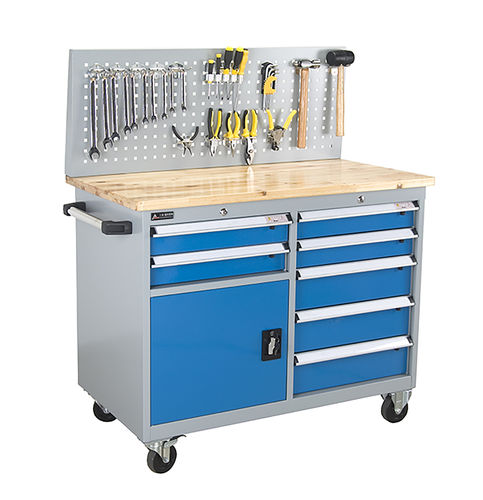 Stahl-Werkbank - FCY-1033 - ChengDu SanJi Technology Co.,LTD - 8-Schubladen / mobil / mit Tür