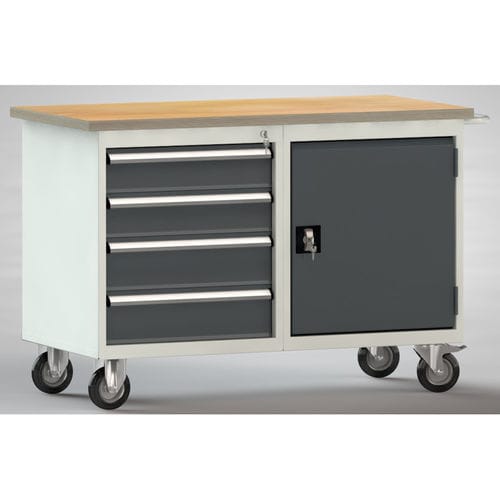 Buche-Werkbank - WP834N-1200M30-E7035 - KLW LUTZ - mit 4 Schubladen / mobil / mit Doppeltür
