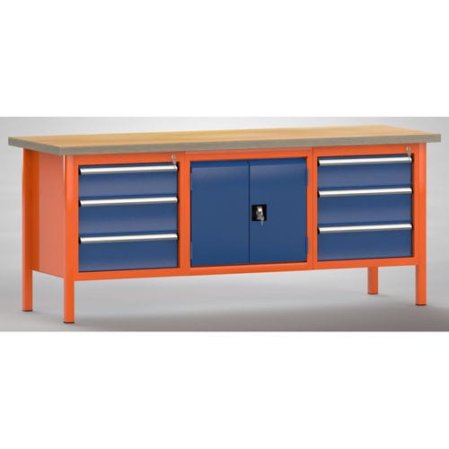 Buche-Werkbank - WS239N-2000M40-E7025 - KLW LUTZ - 6-Schubladen / mit Doppeltür / mit Schrank