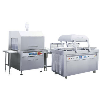 Vakuum-Verpackungsmaschine - SD 520 B + ST 170 - KOMET Maschinenfabrik GmbH - Doppelkammer / mit Schrumpftunnel