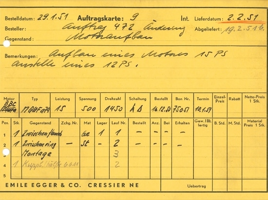 Auftragskarte aus dem Jahr 1951