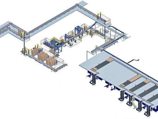 Das 3D-Layout des Projekts zeigt die bestehenden vier Verpackungslinien und Puffertische sowie eine zukünftige Linienerweiterung