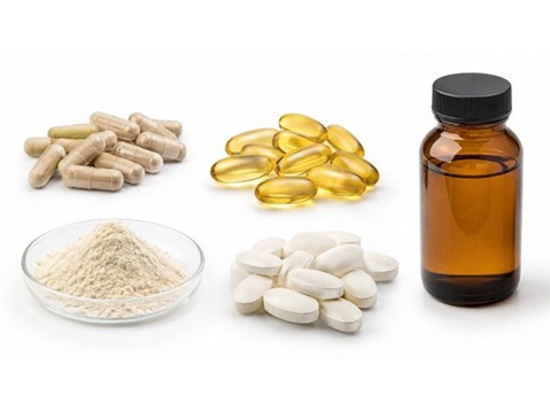 Gängige Formen von Nahrungsergänzungsmitteln, darunter Kapseln, Weichgelkapseln, Pulver, Tabletten und Flüssigkeiten