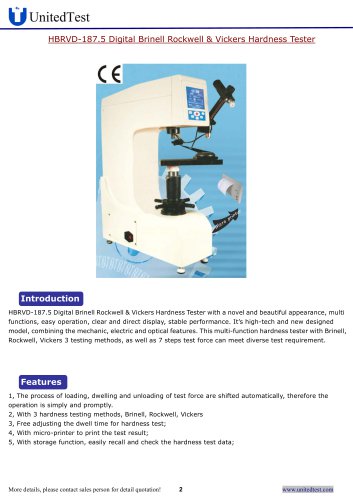 United Test HBRVD-187.5 Digital Universal Hardness Tester, Rockwell, Brinell, Vickers