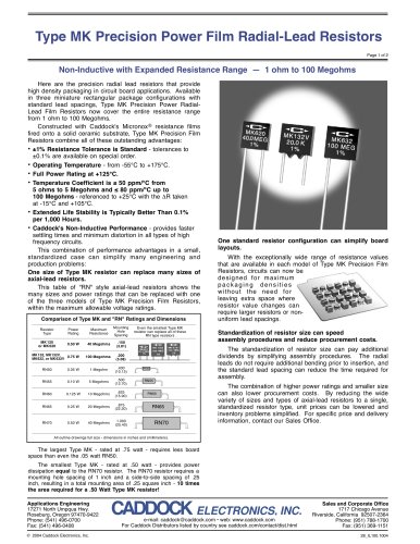 Type MK Precision Power Film Radial Lead Resistors 