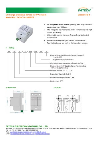 FATECH TUV certified DC surge protector 1000V with remote control contact FV20C/3-1000PVS