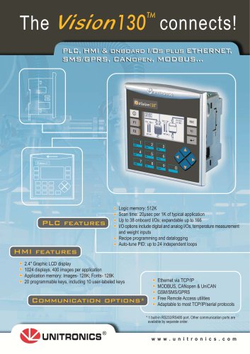 Vision130™ Connects! PLC, HMI & onboard I/Os plus ETHERNET, SMS/GPRS, CANopen, MODBUS...