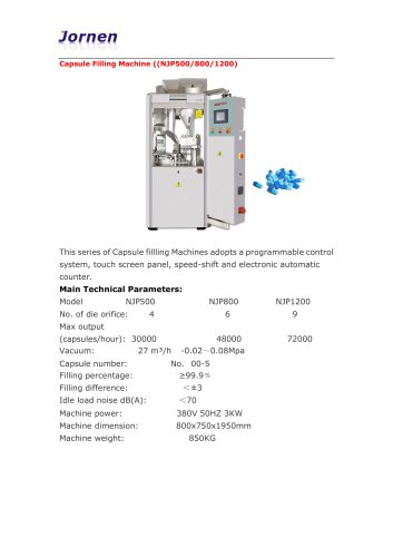 Jornen Machinery/Capsule Filling Machine, suitable for powder, pellets, granules, herbs, vitamins(NJP500/800/1200)