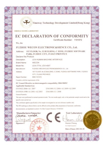 WECON Certificates-CE for 4.3 amd 7 inch hmi touch screen