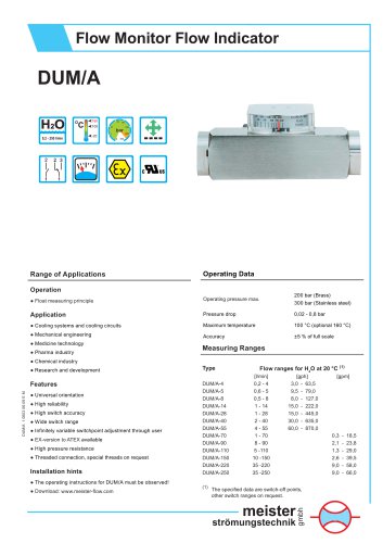 DUM/A Flow monitor and indicator for liquids